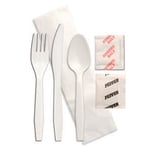 Breakroom items plastic cutlery, salt and pepper packets with a napkin